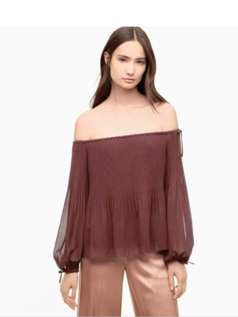Aritzia Wilfred Tops‎ Talence Off Shoulder Blouse Burgundy Women's Small Pleated